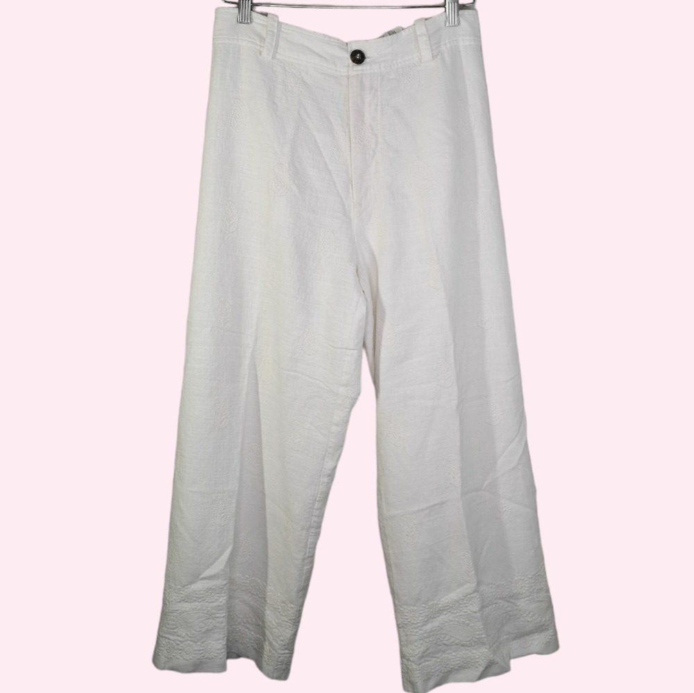 Zara Linen Blend Brocade Paisley Embroidered Wide Leg Crop Coastal Size Medium